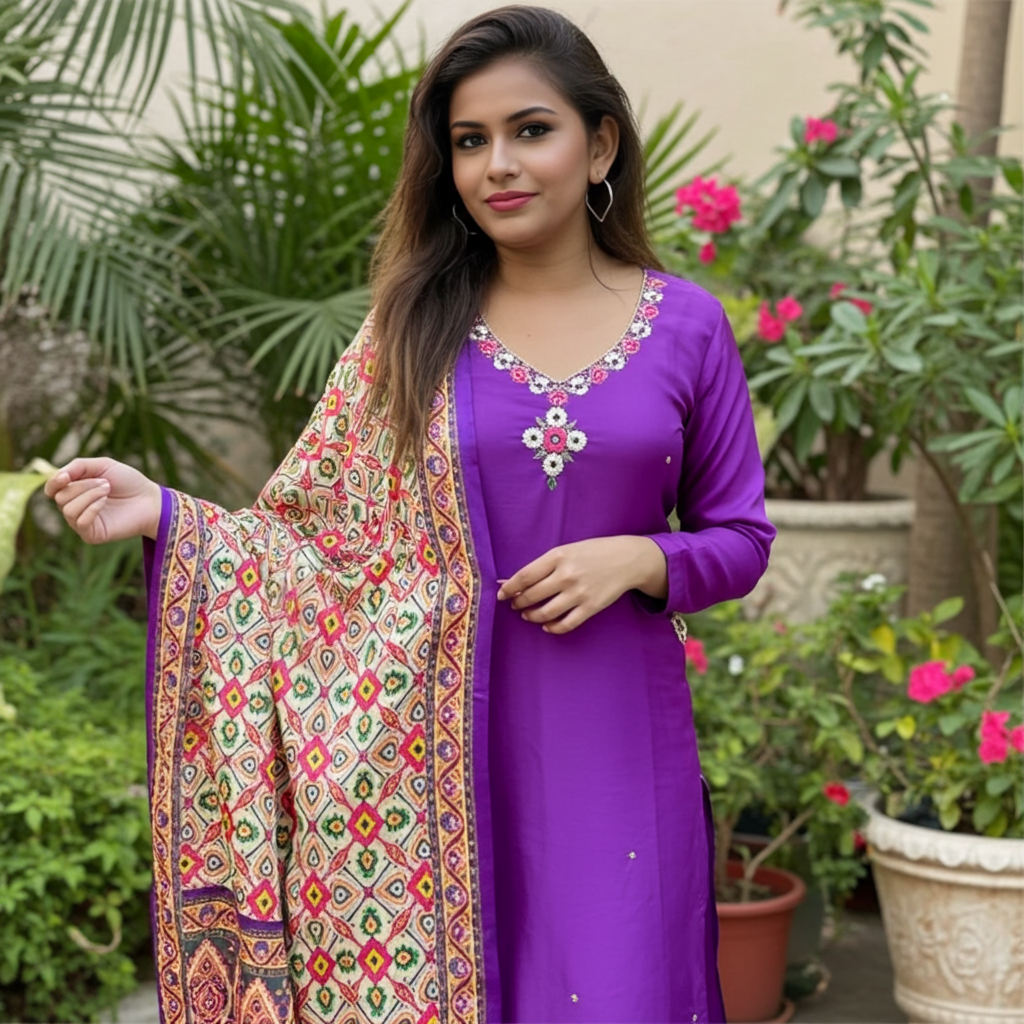 Stunning Purple Russian Silk Straight Suit along with Gajji Silk Dupatta