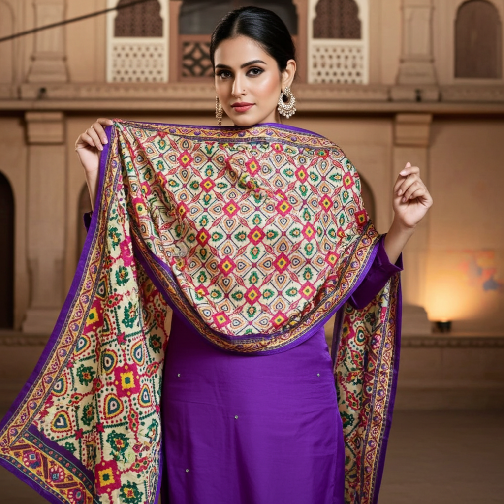 Stunning Purple Russian Silk Straight Suit along with Gajji Silk Dupatta