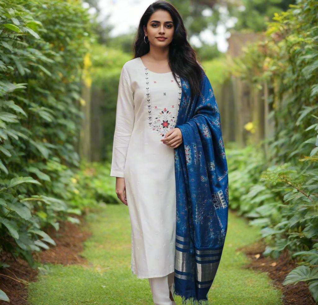 Exquisite Off White Embroidered Silk Blend Kurta Pant and Rich Blue Dupatta