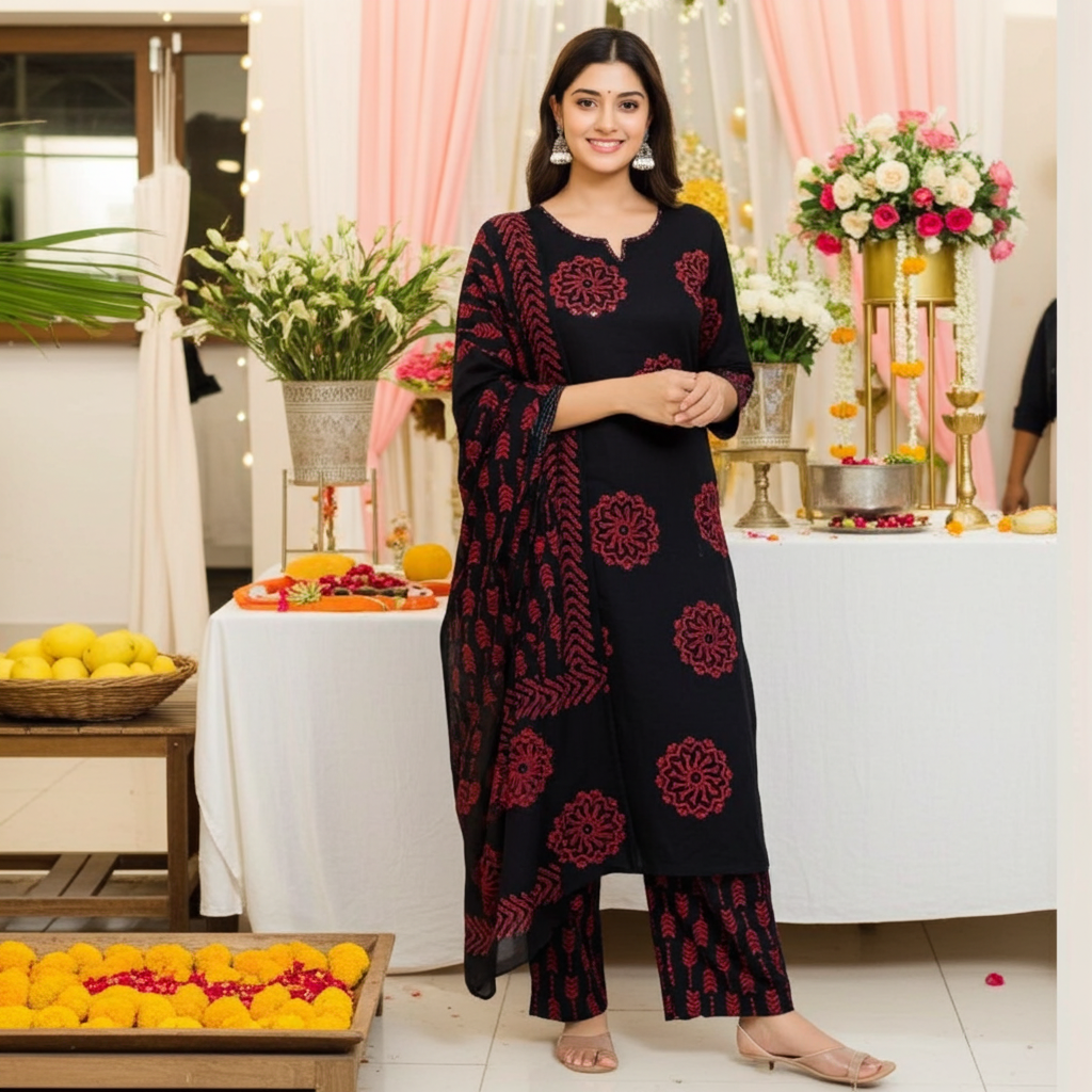 Beautiful Pure Cotton Block Print Dupatta Set in Black