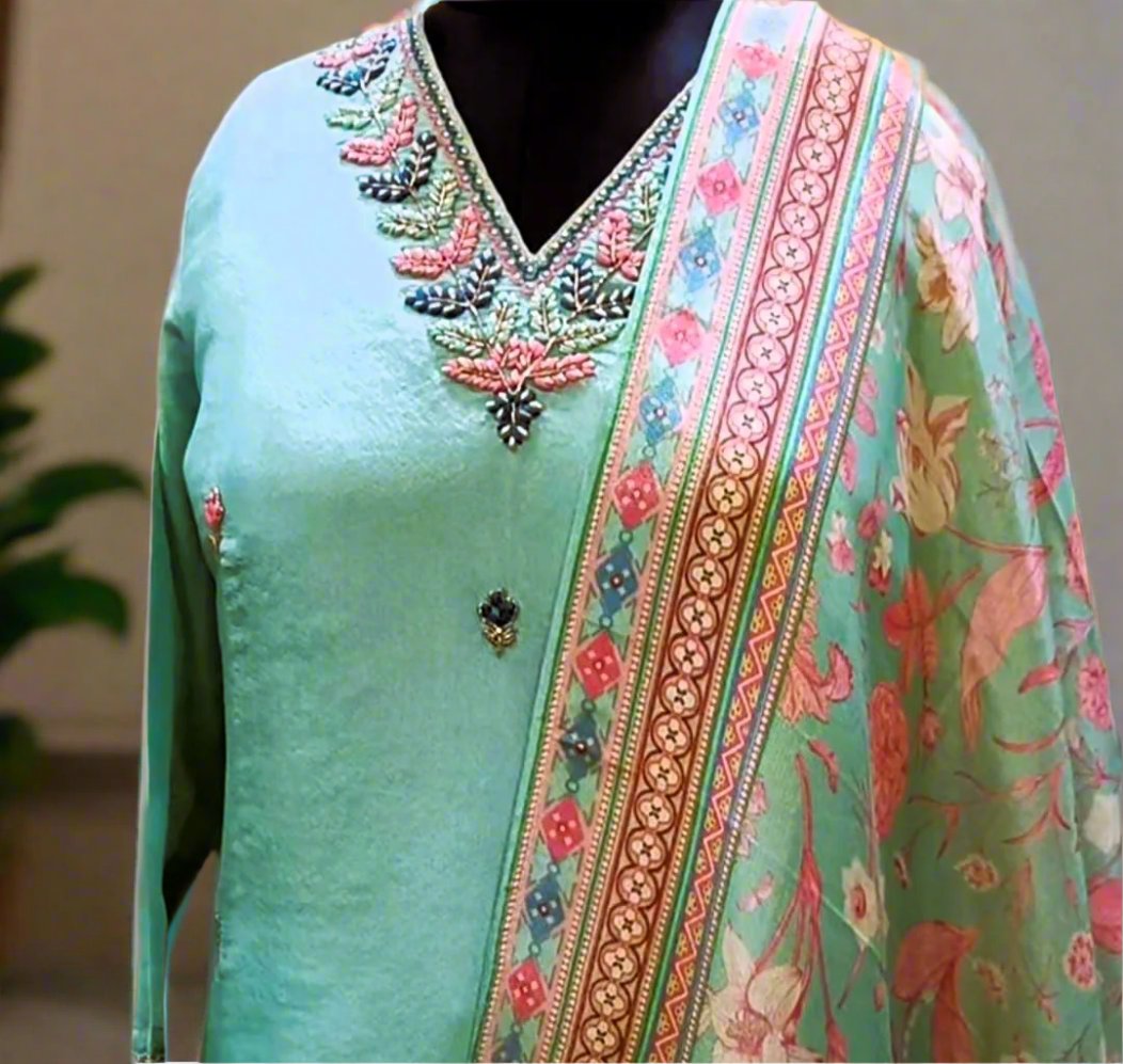 Sea Green Party Wear Simar Suit With Digital Print Dupatta