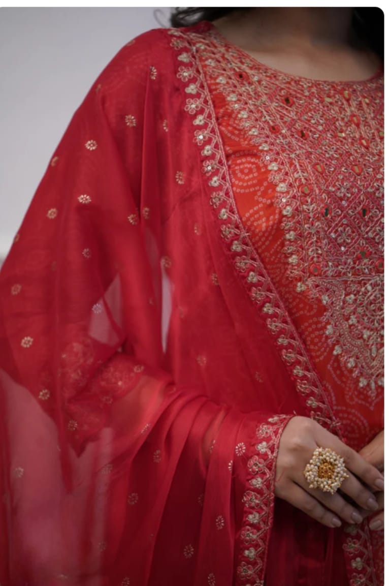 Elegant Silk BandhejSuit With Beautiful Dupatta