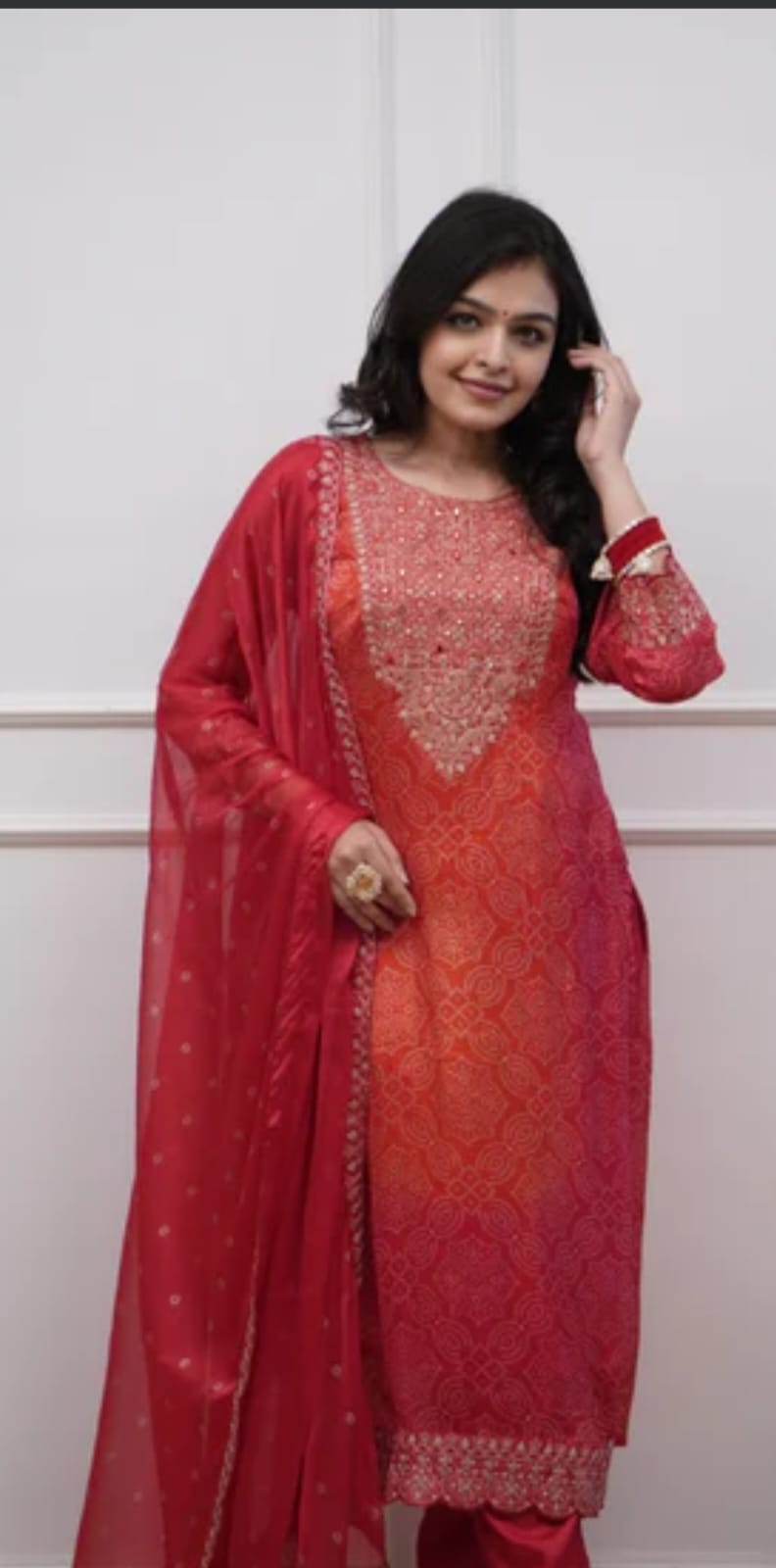 Elegant Silk BandhejSuit With Beautiful Dupatta