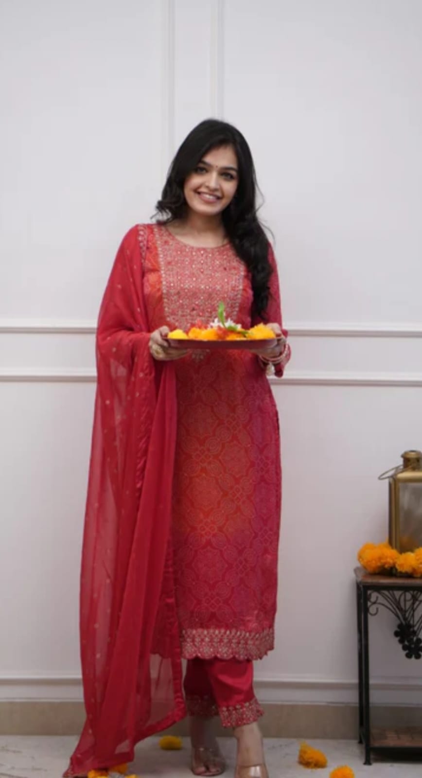 Elegant Silk BandhejSuit With Beautiful Dupatta