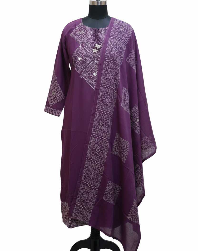 Elegant Purple Kurta Set with tie-up tassel