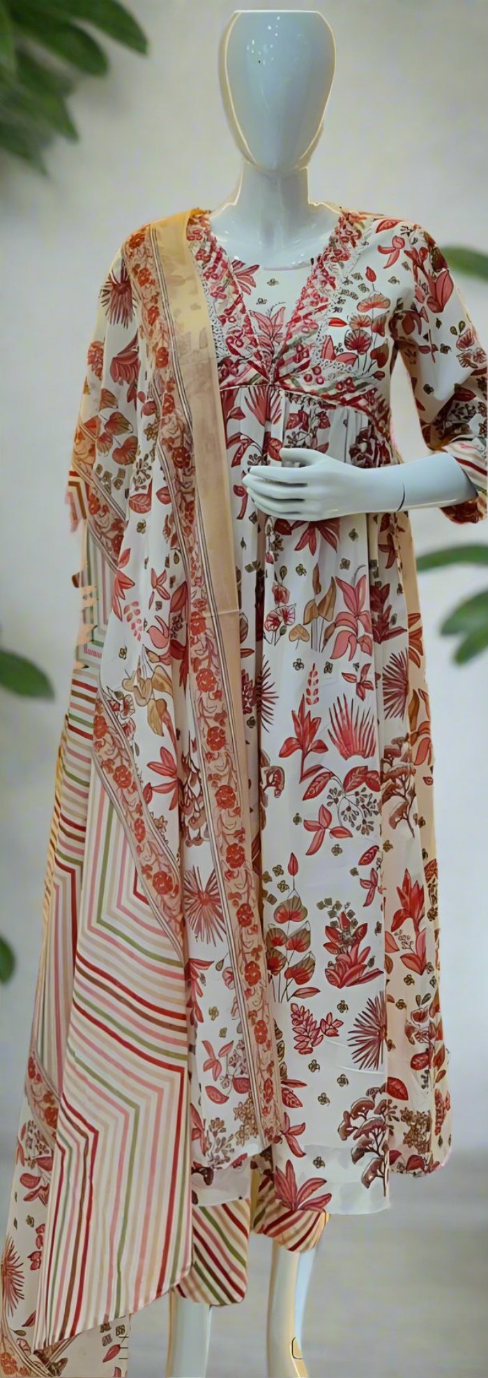 Red and White Printed Anarkali Set