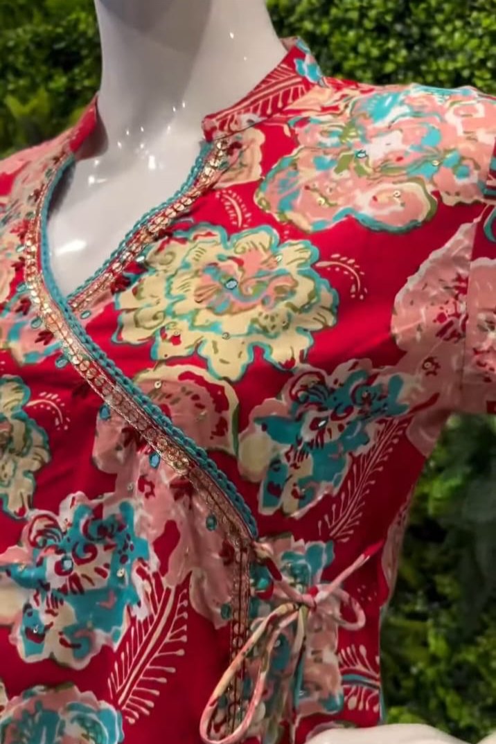 Trendy Red Floral Angarakha Kurta and Pant Set