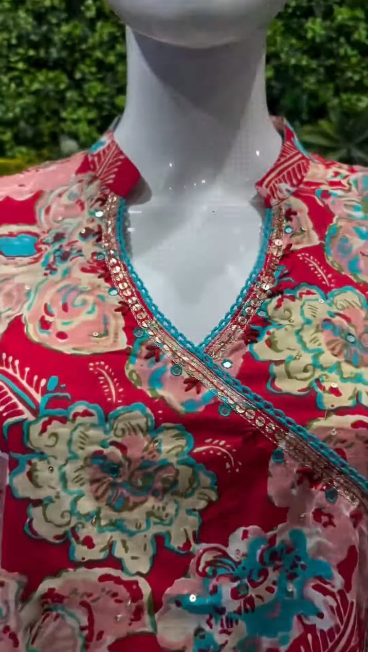 Trendy Red Floral Angarakha Kurta and Pant Set