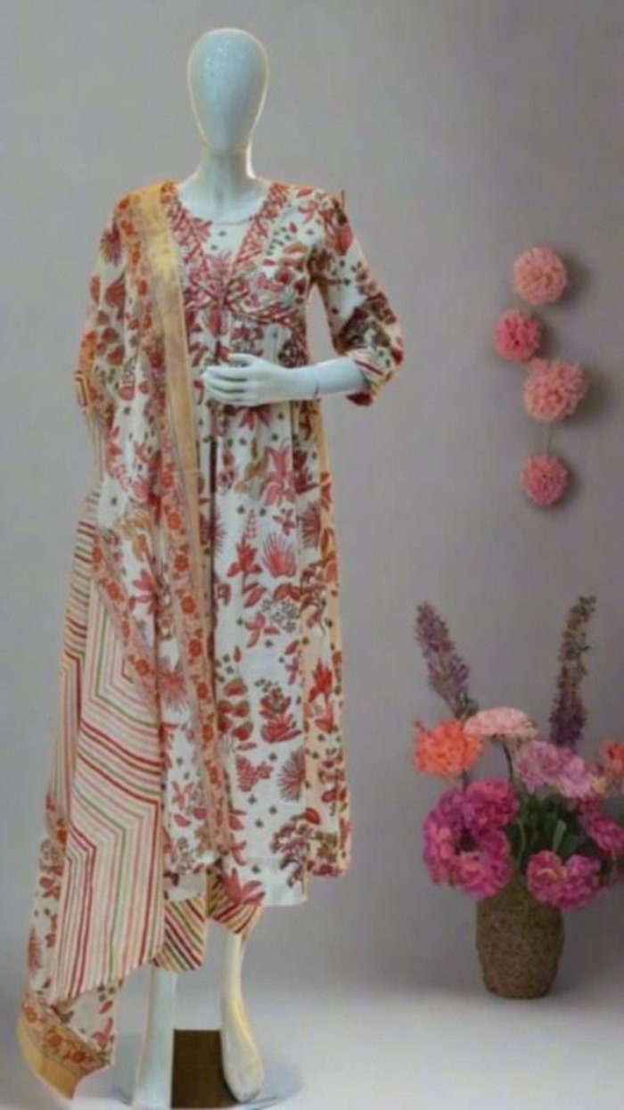 Red and White Printed Anarkali Set
