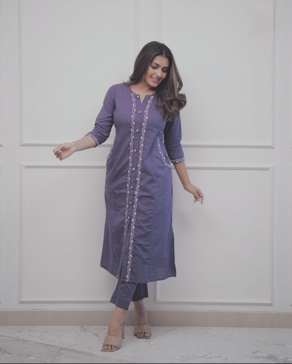 Beautiful Lavender Embroidered Cotton A Line Kurti Pant Set