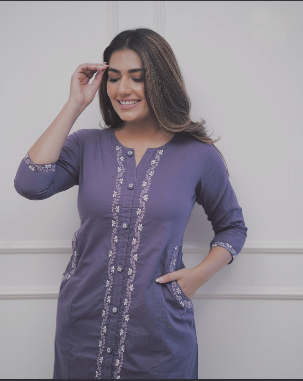 Beautiful Lavender Embroidered Cotton A Line Kurti Pant Set