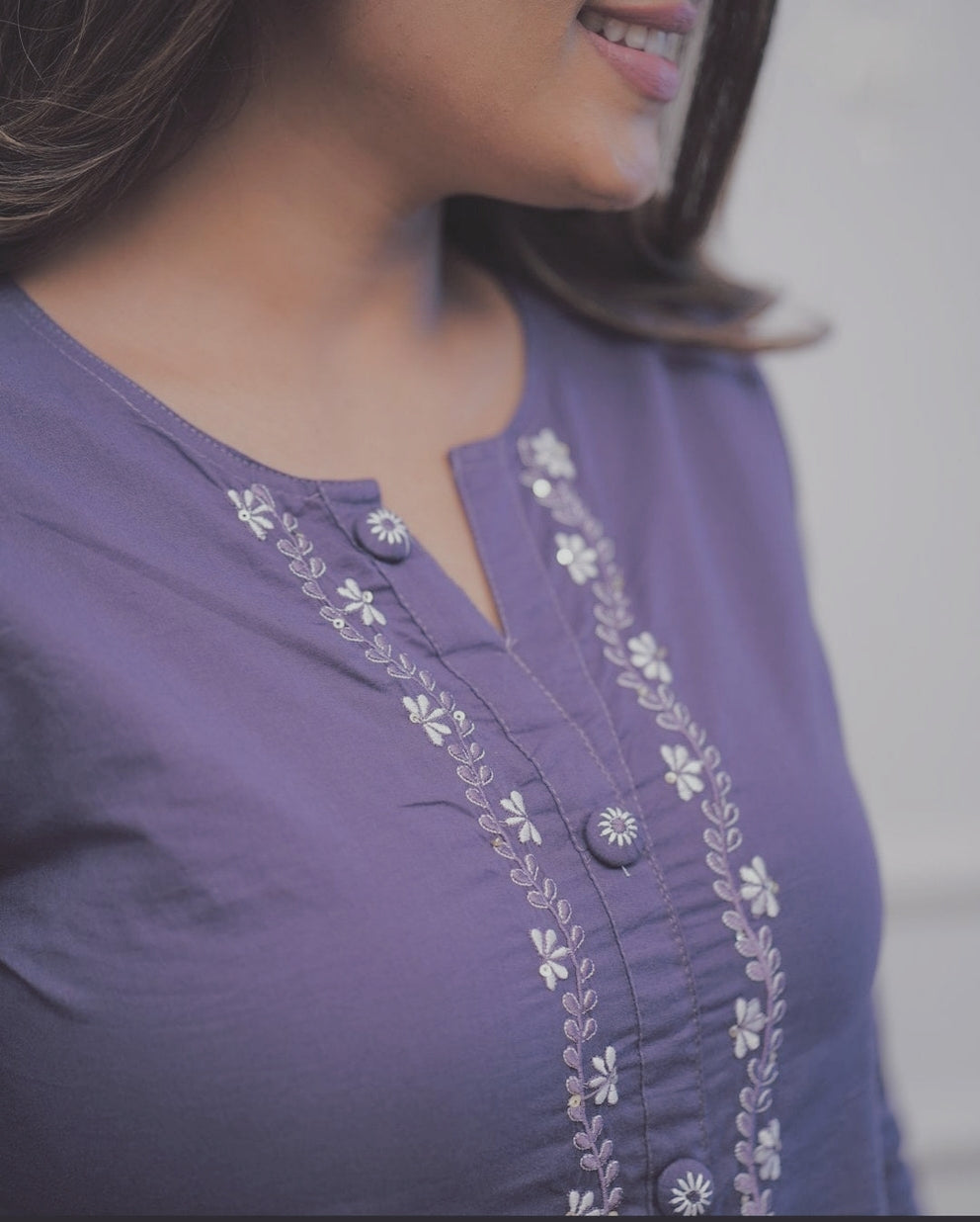 Beautiful Lavender Embroidered Cotton A Line Kurti Pant Set