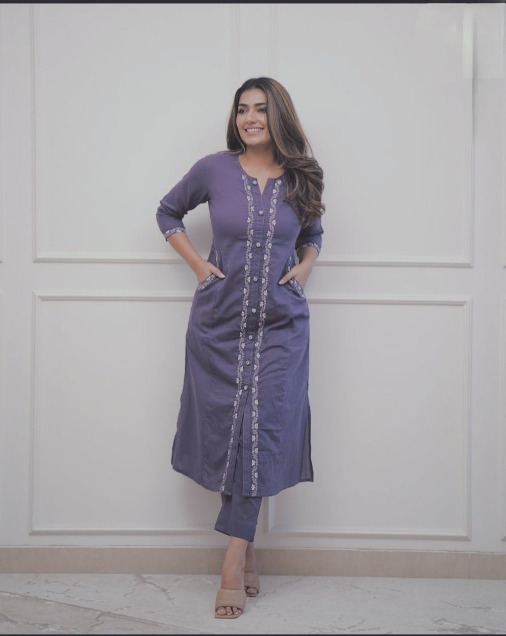 Beautiful Lavender Embroidered Cotton A Line Kurti Pant Set