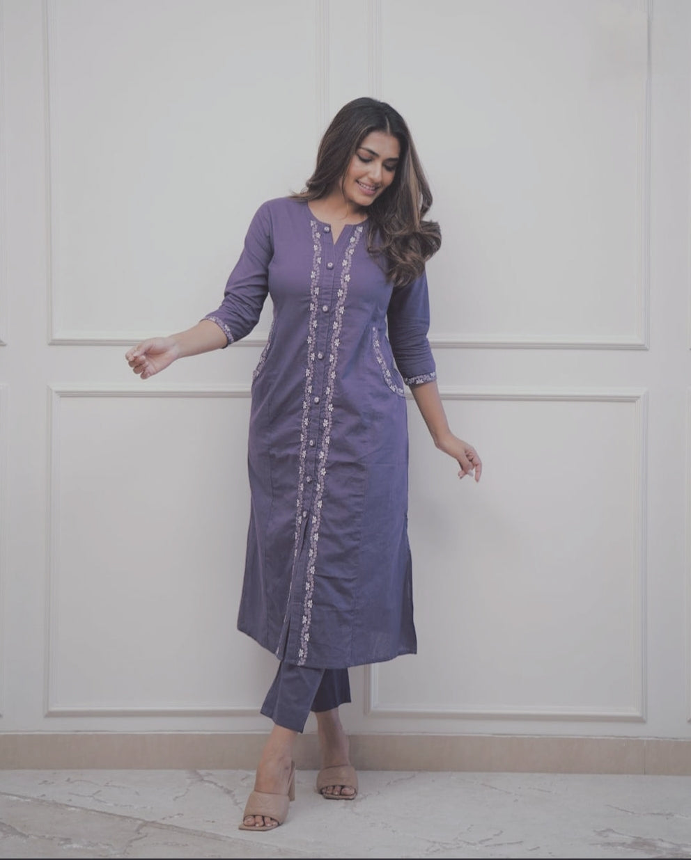 Beautiful Lavender Embroidered Cotton A Line Kurti Pant Set