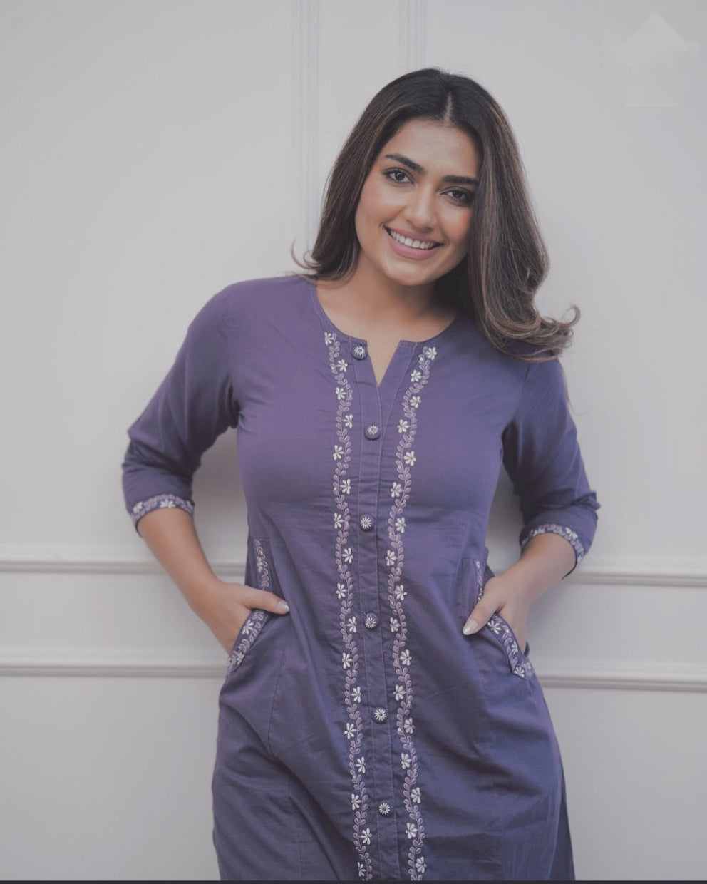 Beautiful Lavender Embroidered Cotton A Line Kurti Pant Set