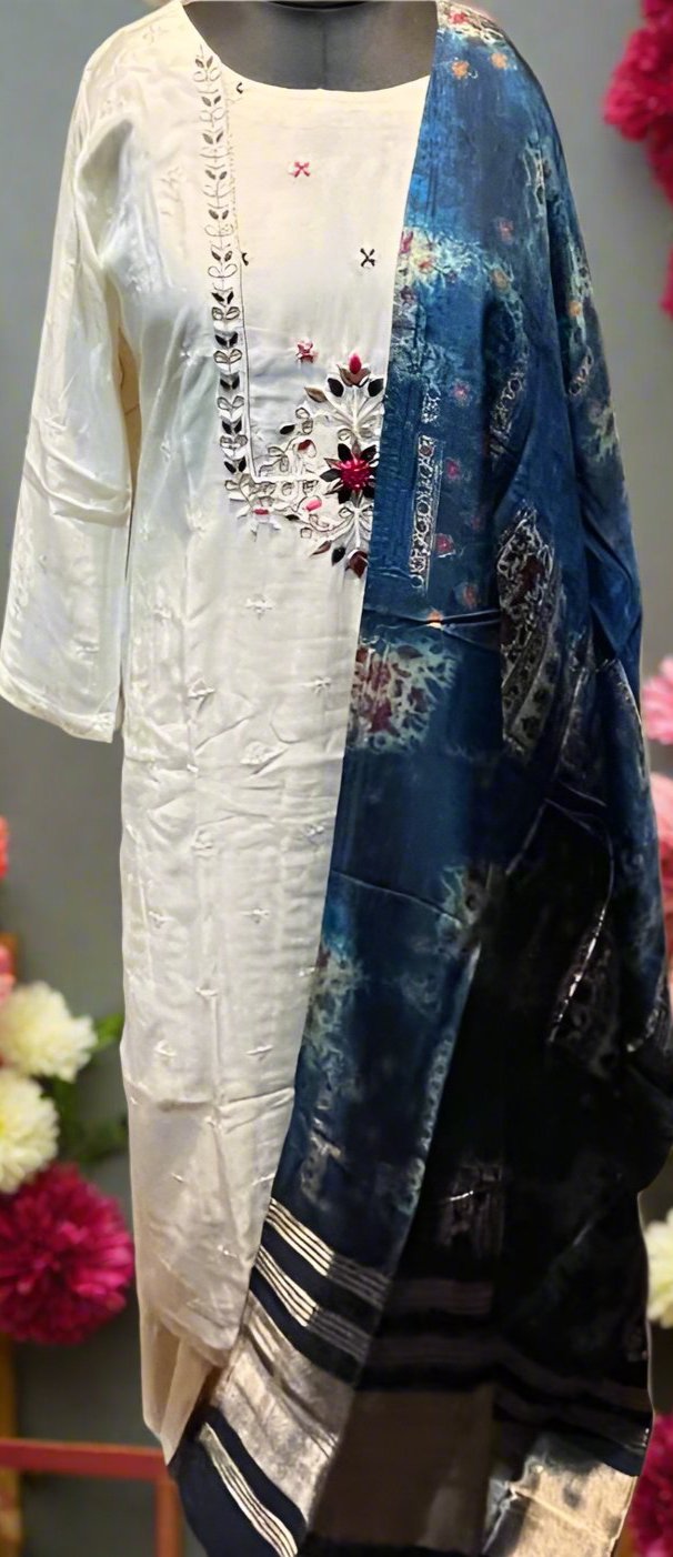 Exquisite Off White Embroidered Silk Blend Kurta Pant and Rich Blue Dupatta
