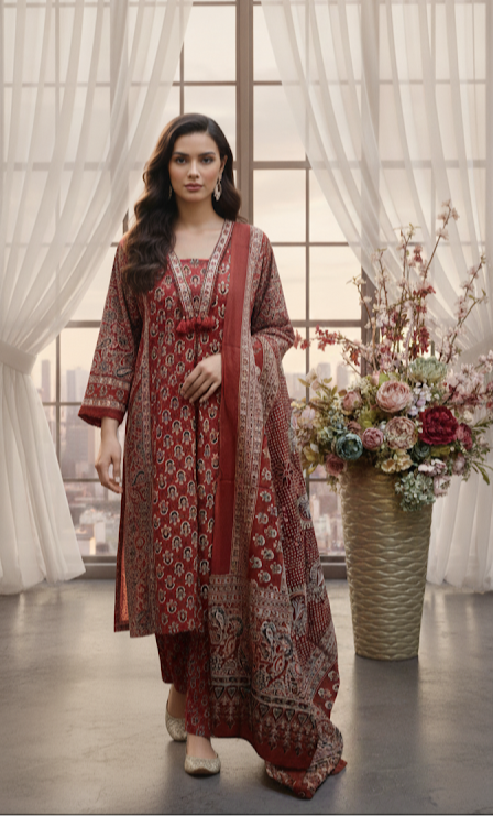 Ajrakh Print Suit Set In Red