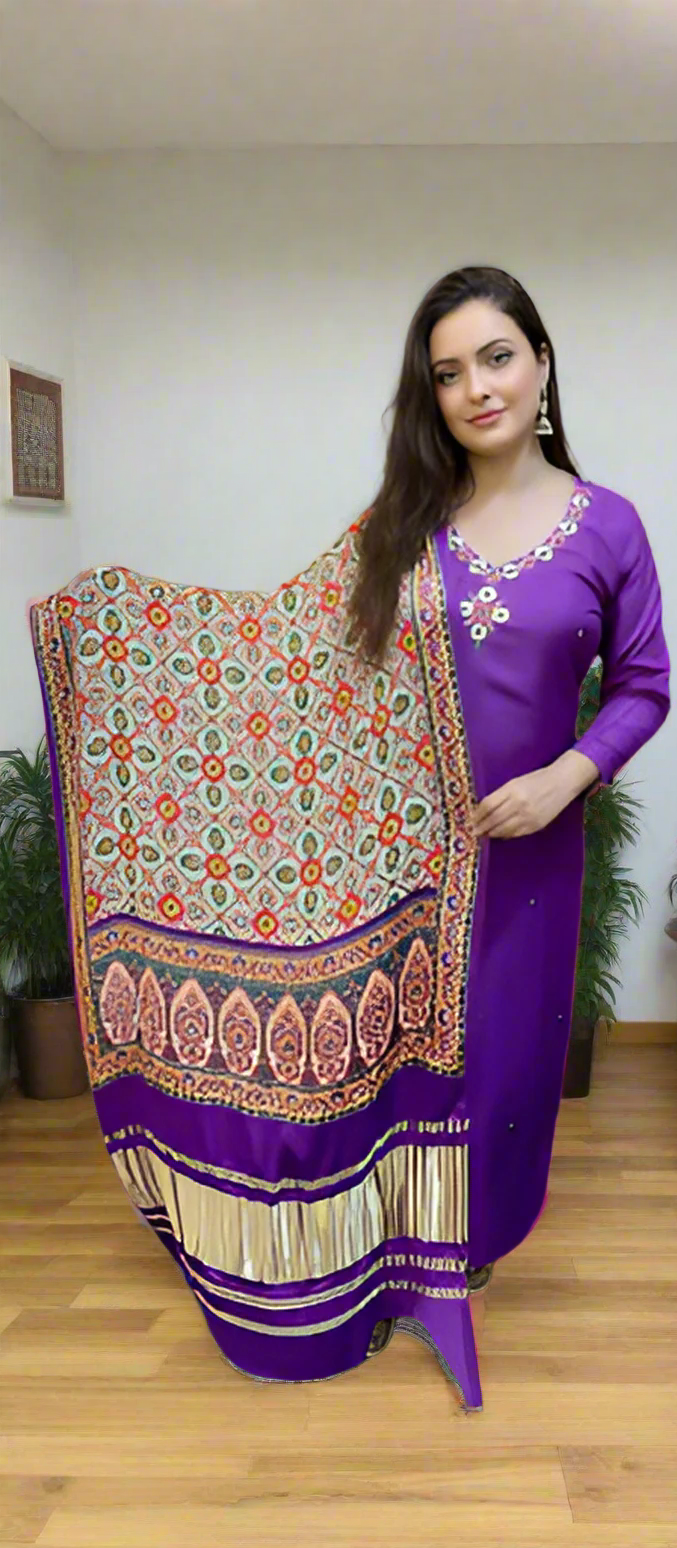 Stunning Purple Russian Silk Straight Suit along with Gajji Silk Dupatta