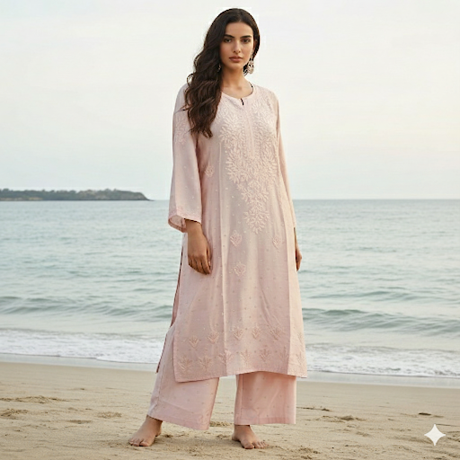 Pure Banarsi Chanderi Kurti with Parallel Pants And Matching Chiffon Dupatta