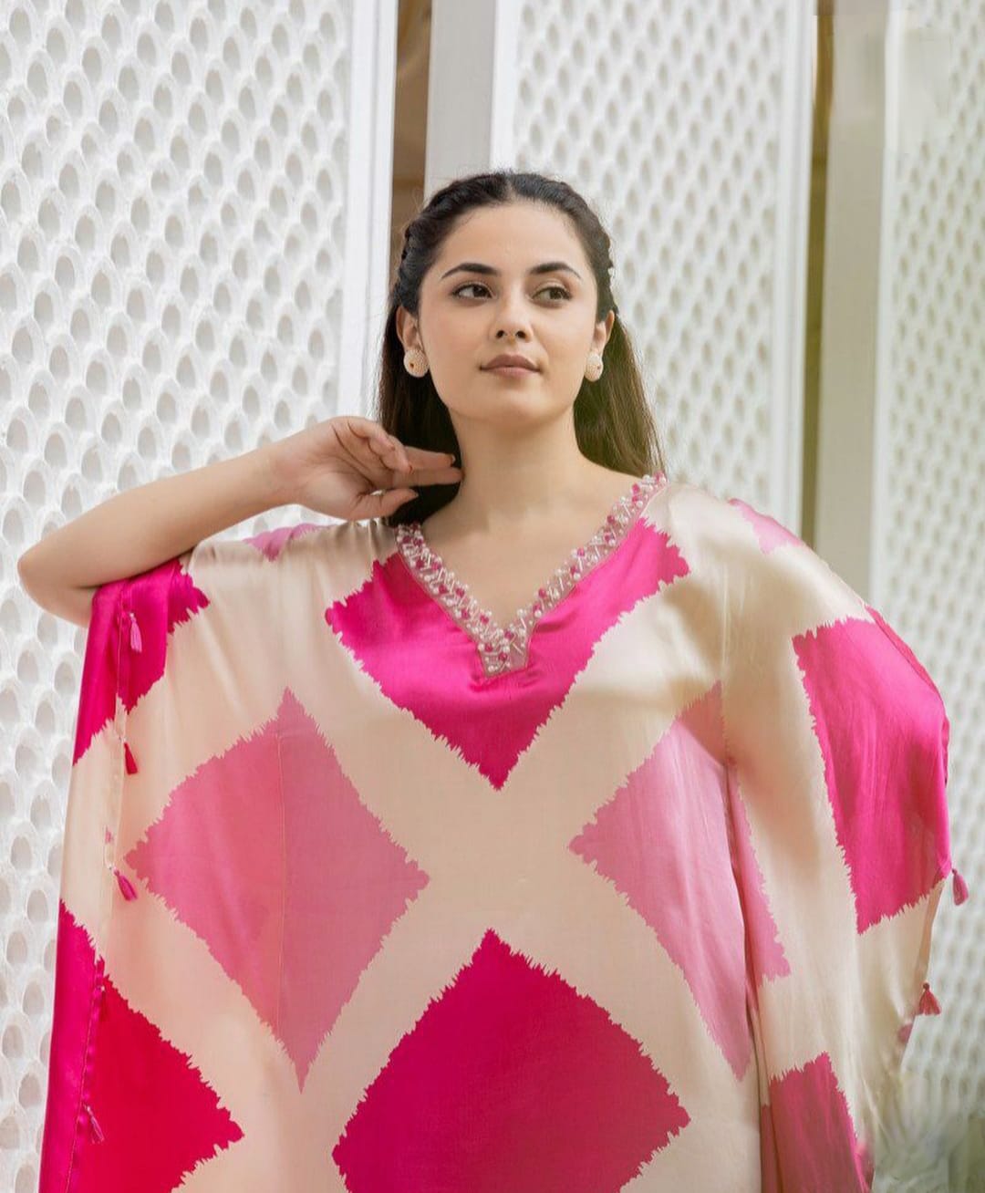 Vibrant Pink Geometric Print Kaftan Set