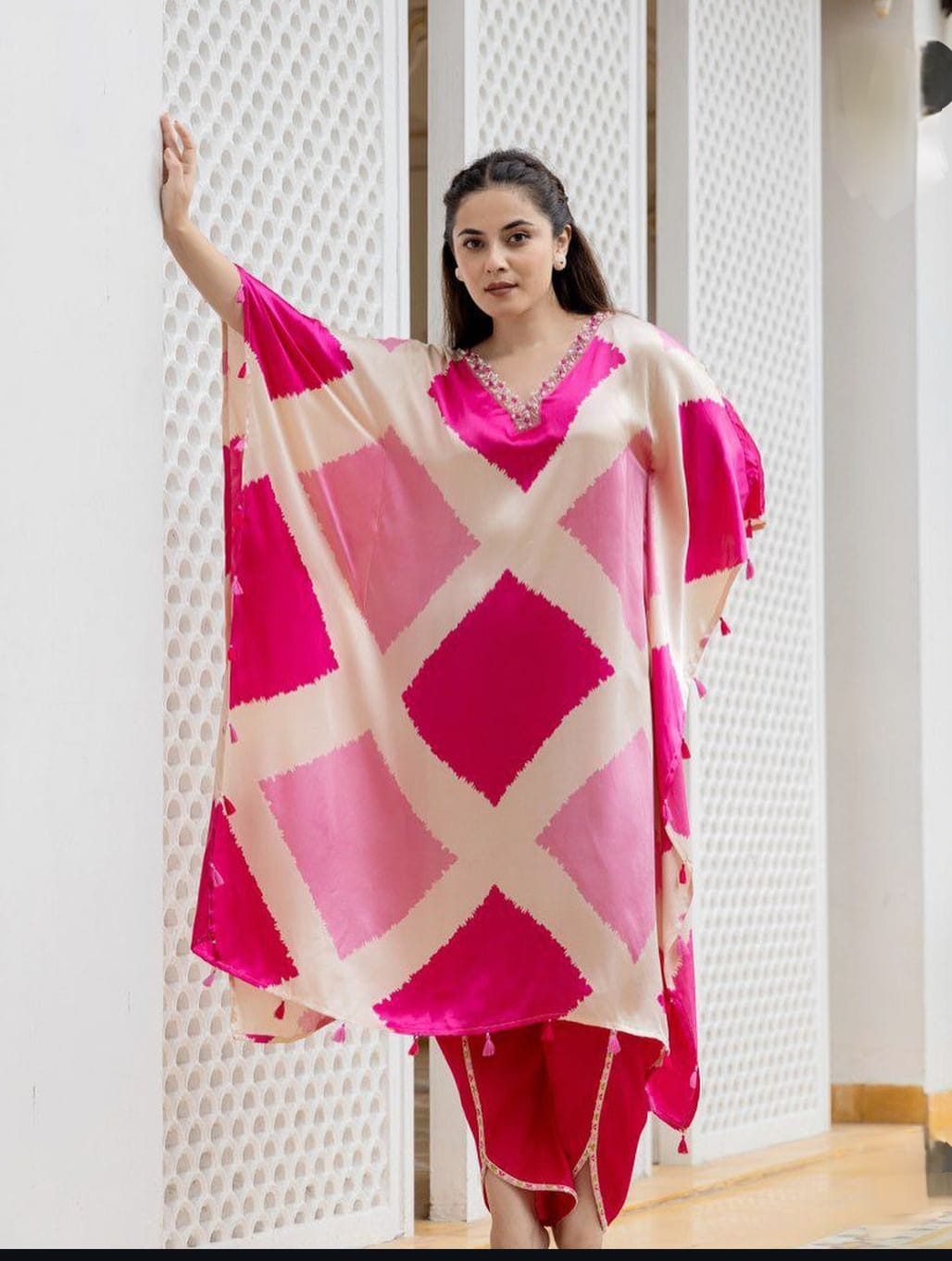 Vibrant Pink Geometric Print Kaftan Set