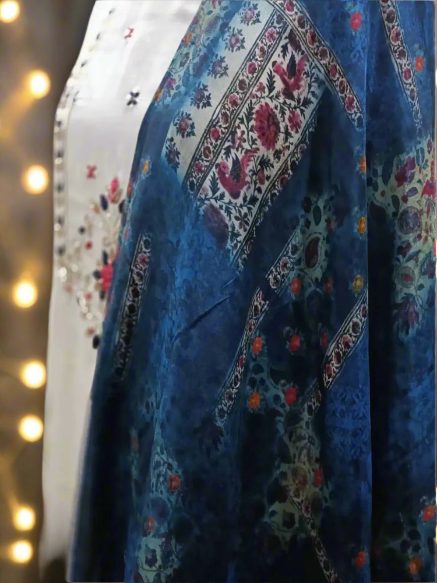 Exquisite Off White Embroidered Silk Blend Kurta Pant and Rich Blue Dupatta