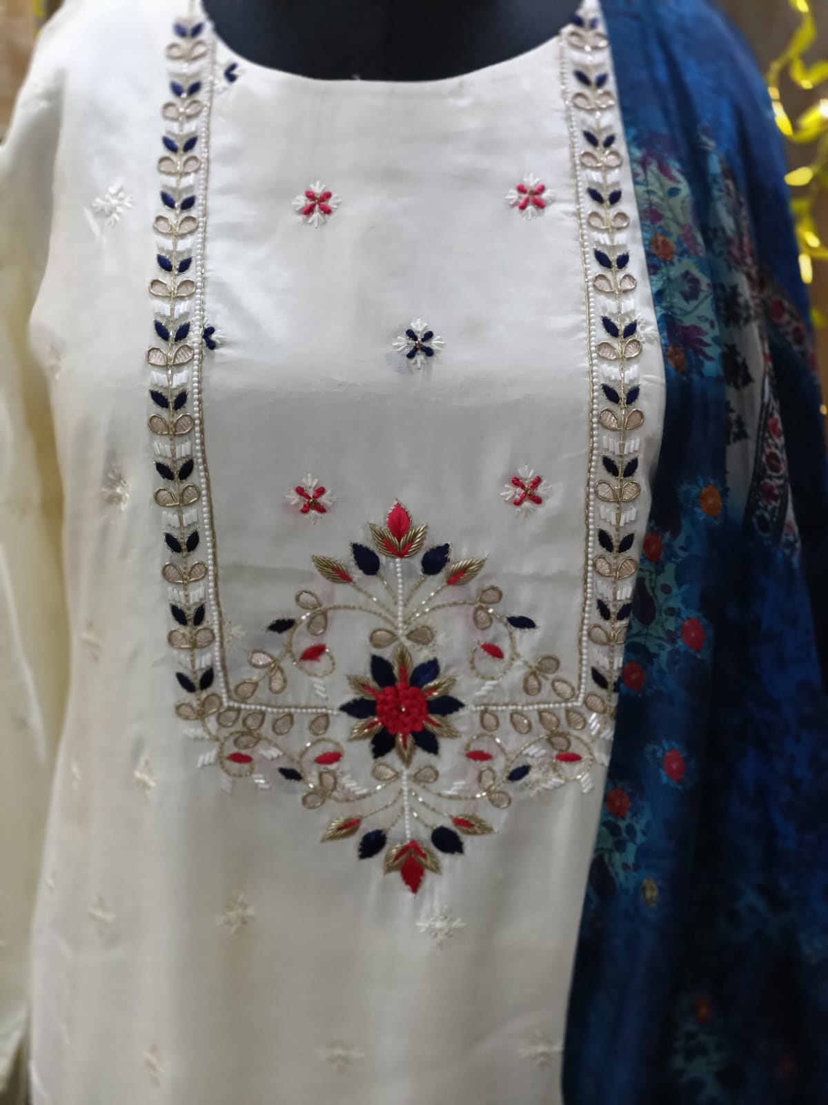 Exquisite Off White Embroidered Silk Blend Kurta Pant and Rich Blue Dupatta