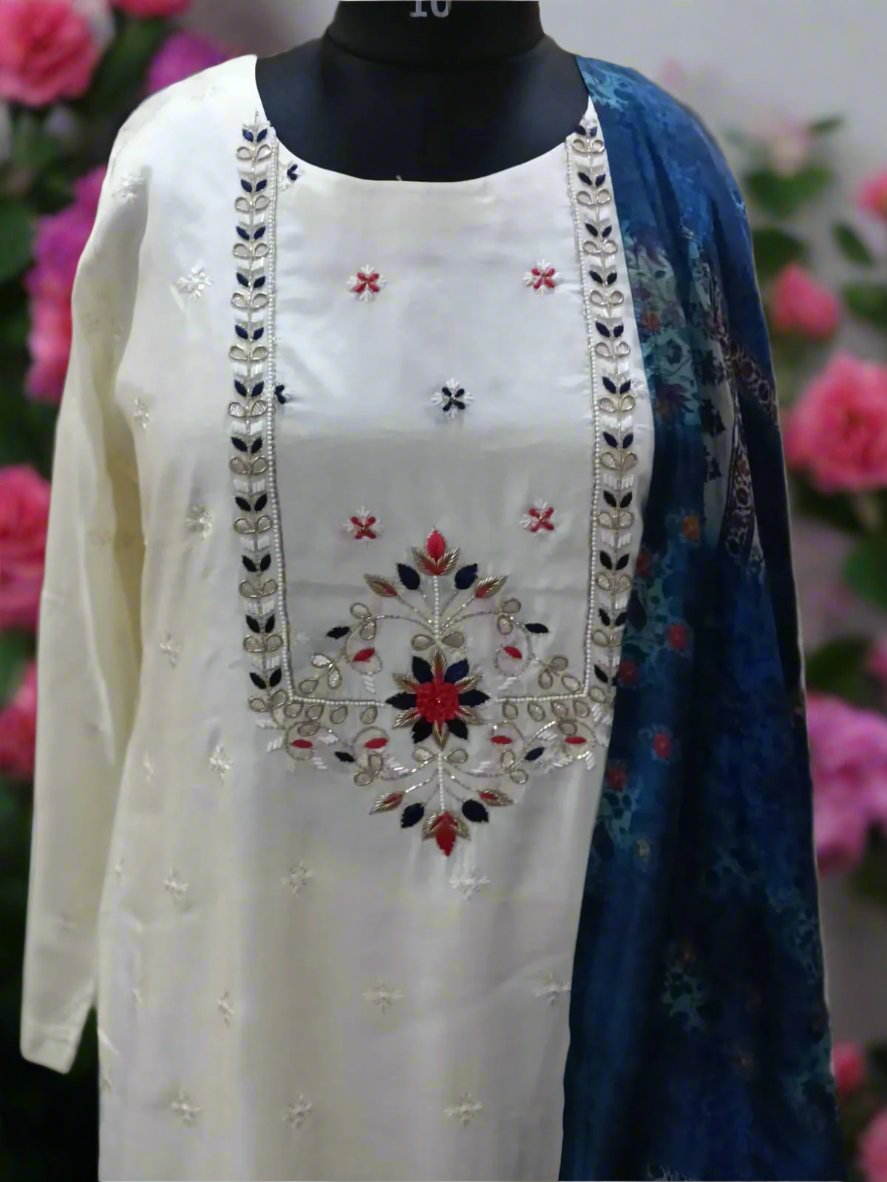 Exquisite Off White Embroidered Silk Blend Kurta Pant and Rich Blue Dupatta