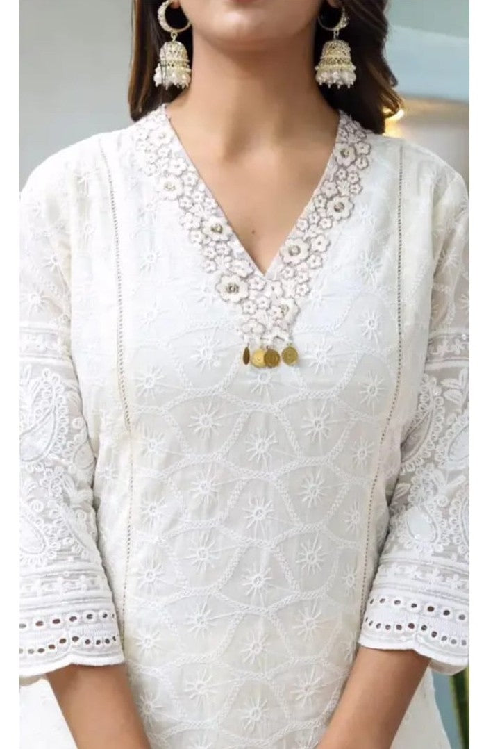White Chikankari Suit Set with Laced Dupatta