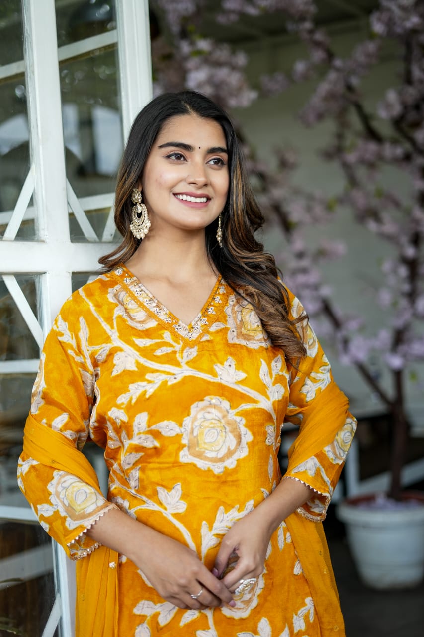 Stunning Mustard Chinon Suit Set