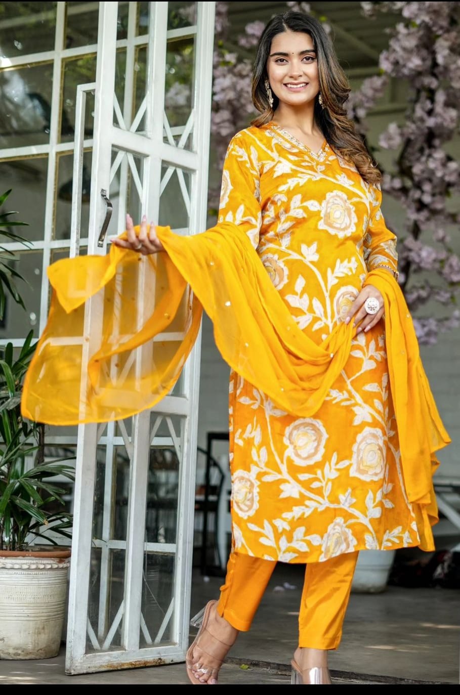 Stunning Mustard Chinon Suit Set
