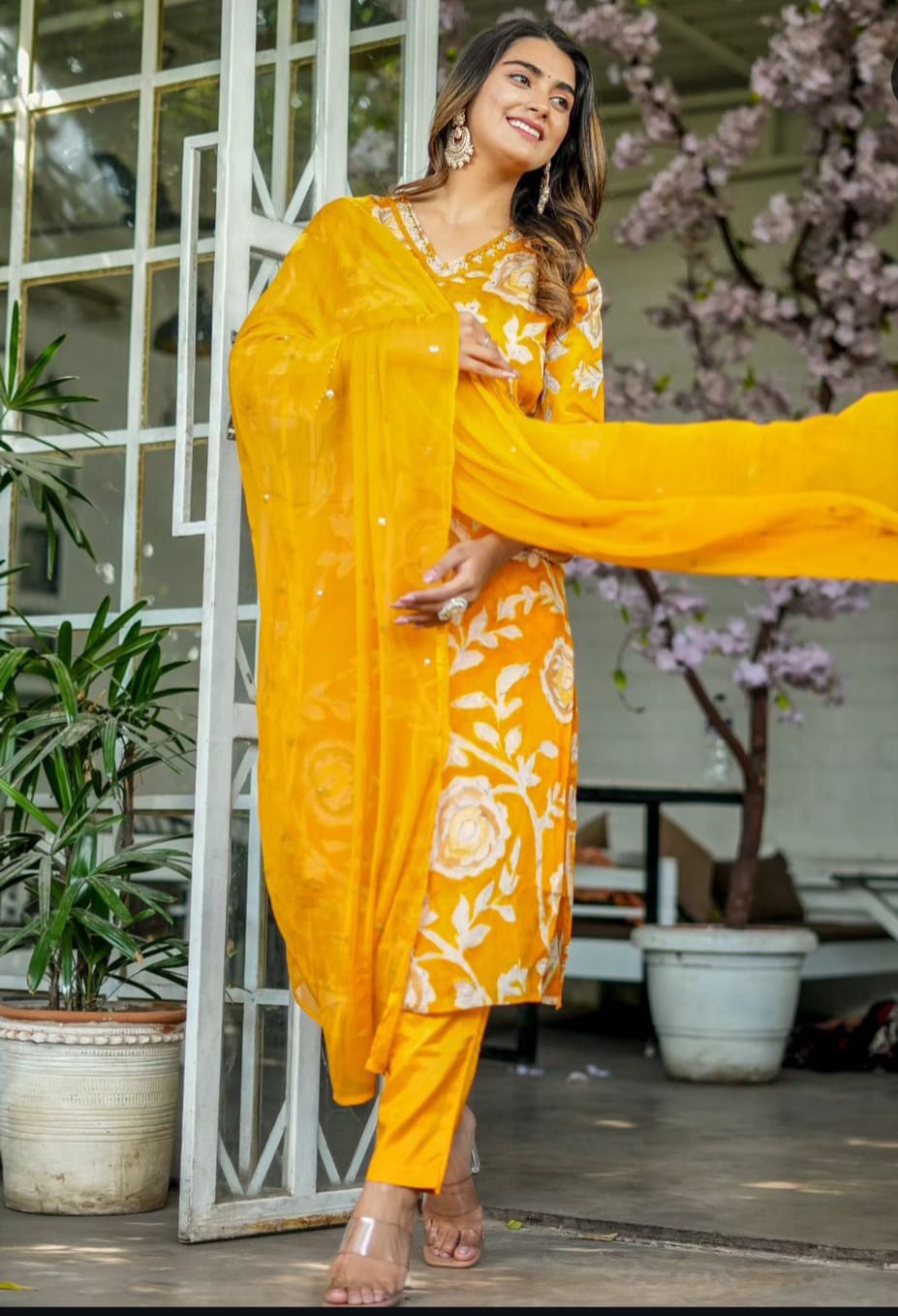 Stunning Mustard Chinon Suit Set