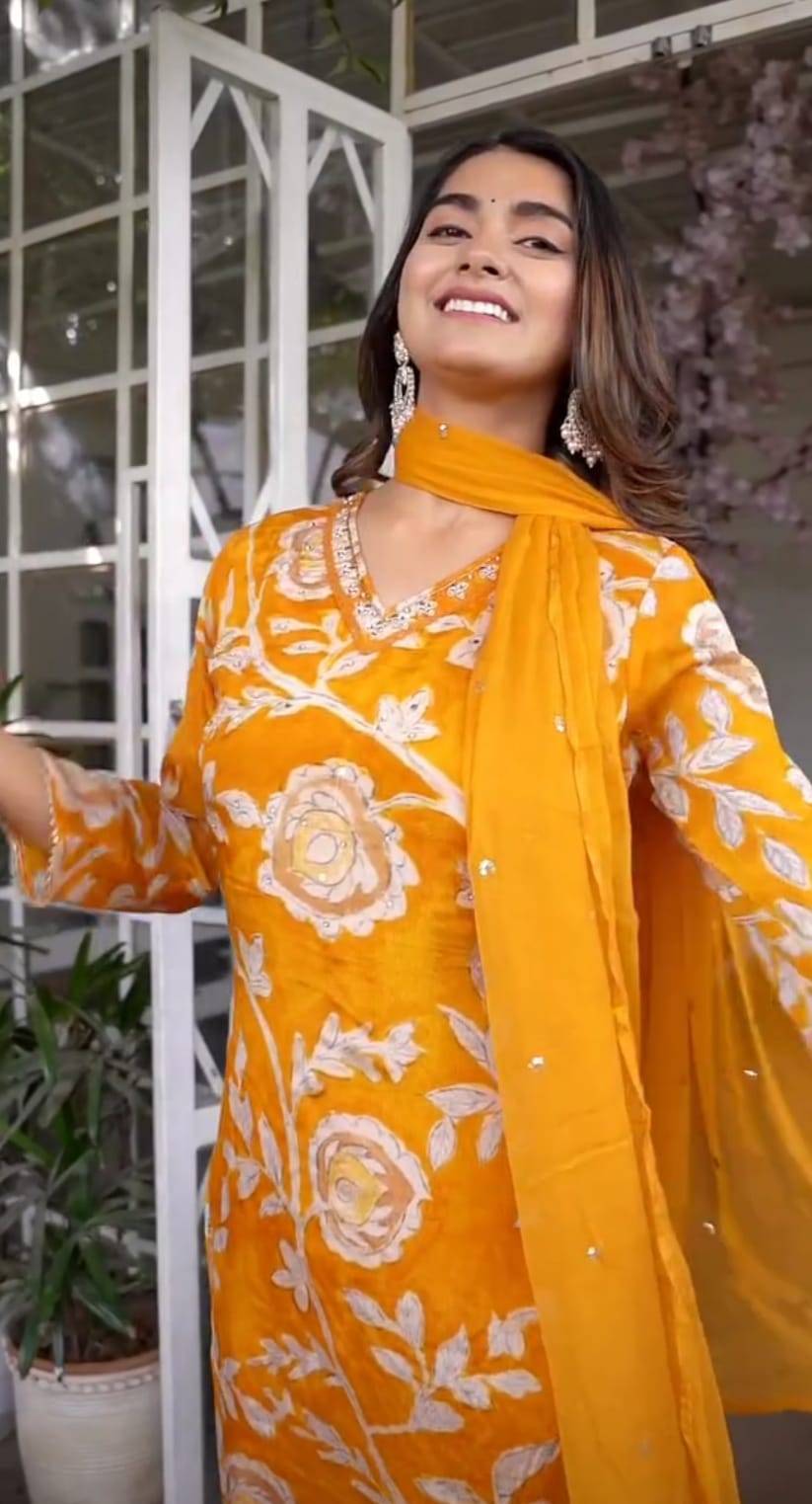 Stunning Mustard Chinon Suit Set