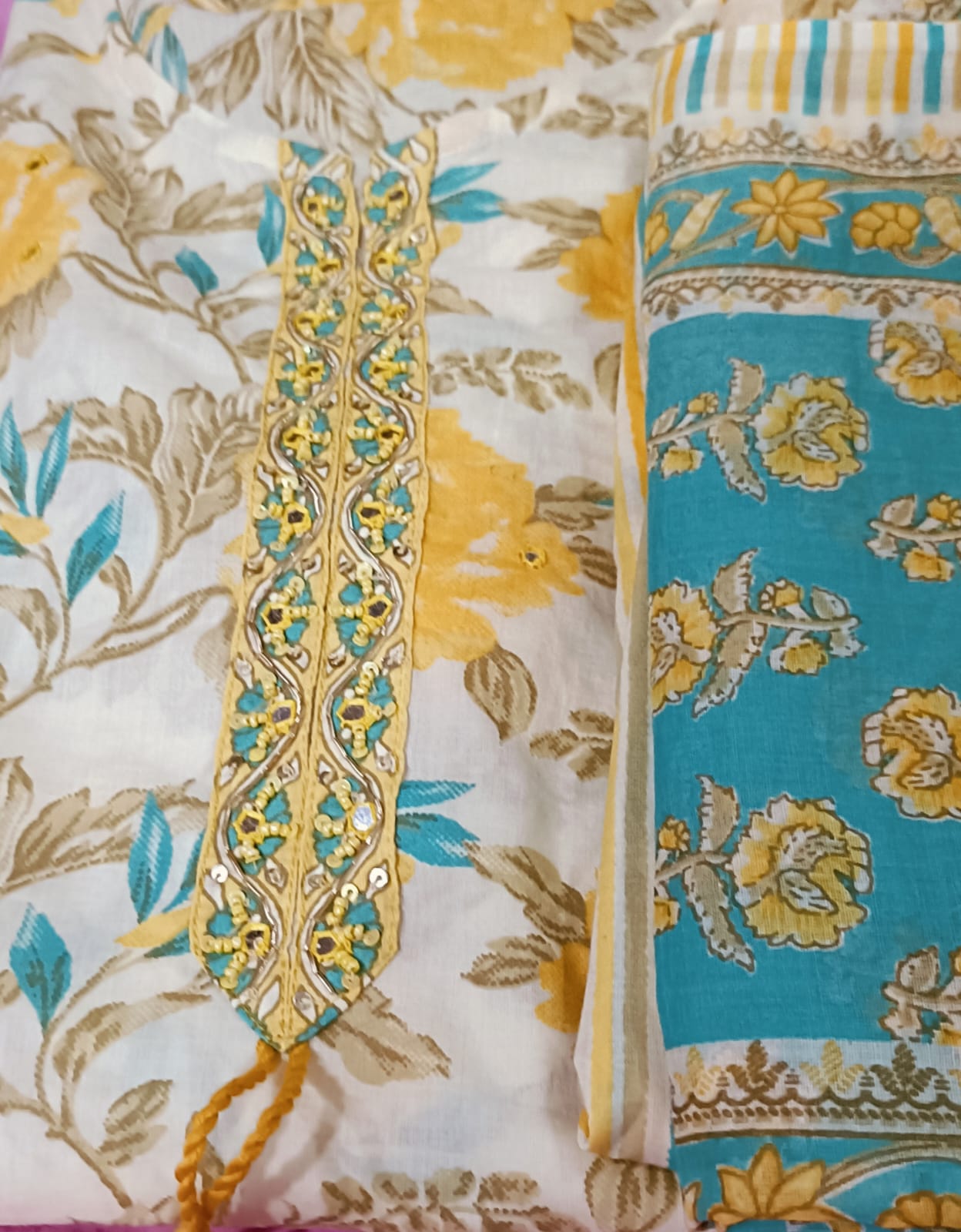 Yellow Floral Printed Straight Kurta Pant With Dupatta