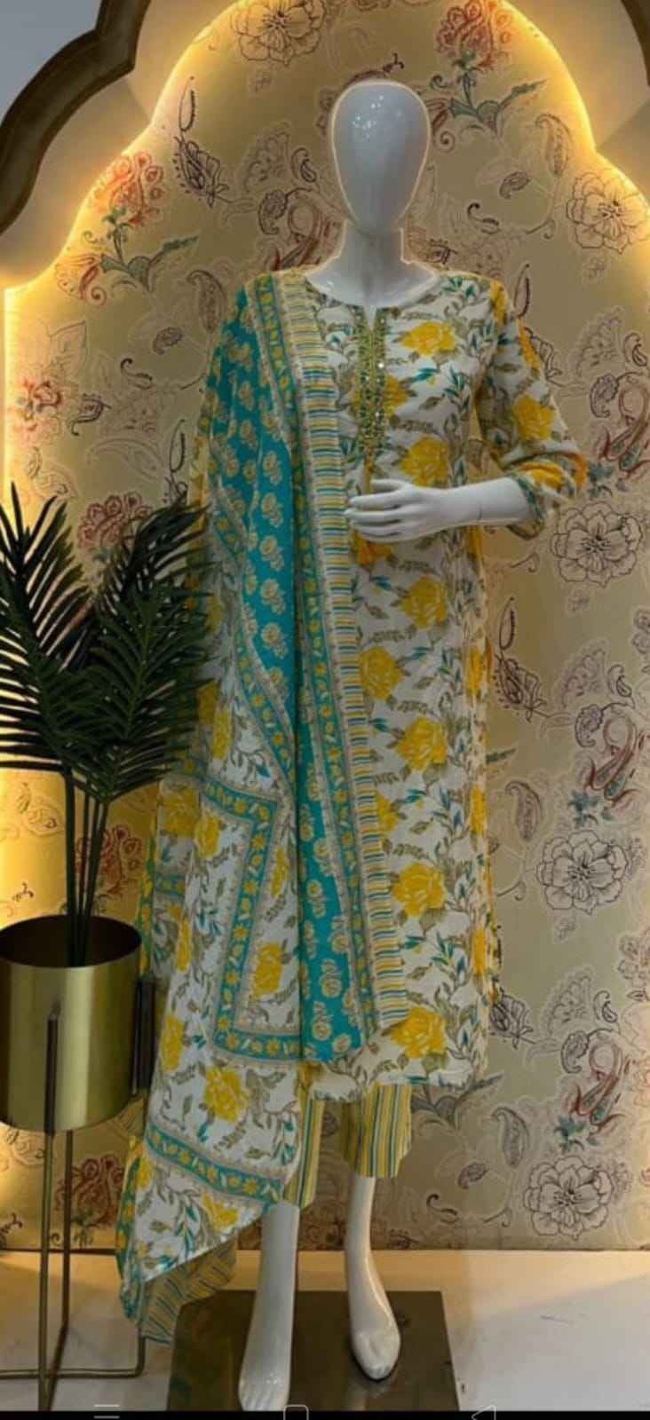 Yellow Floral Printed Straight Kurta Pant With Dupatta