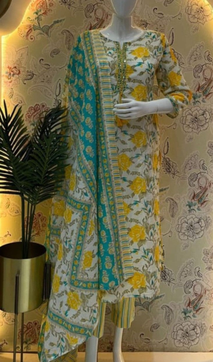 Yellow Floral Printed Straight Kurta Pant With Dupatta