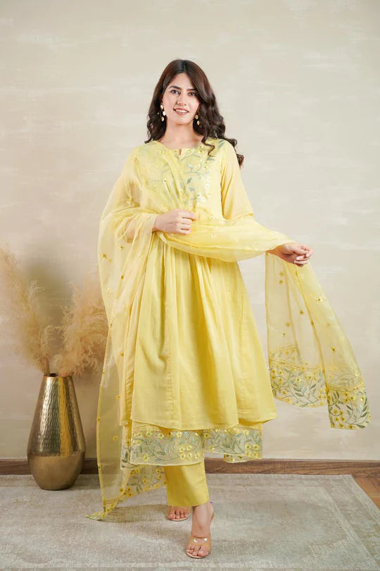 Beautiful Yellow Mul Cotton Kurti Set with Organza Dupatta
