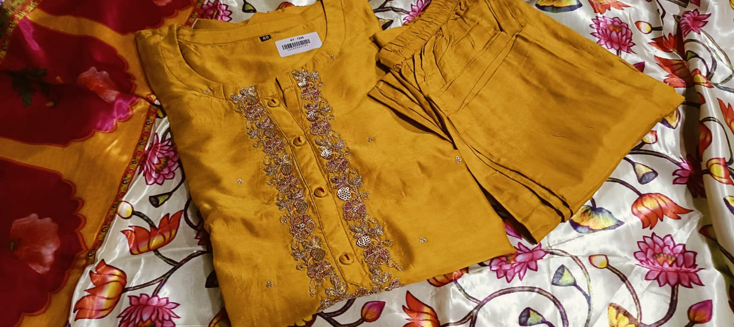 Yellow Sequins Work Russian Silk Suit along with Beautiful Gajji Silk Dupatta