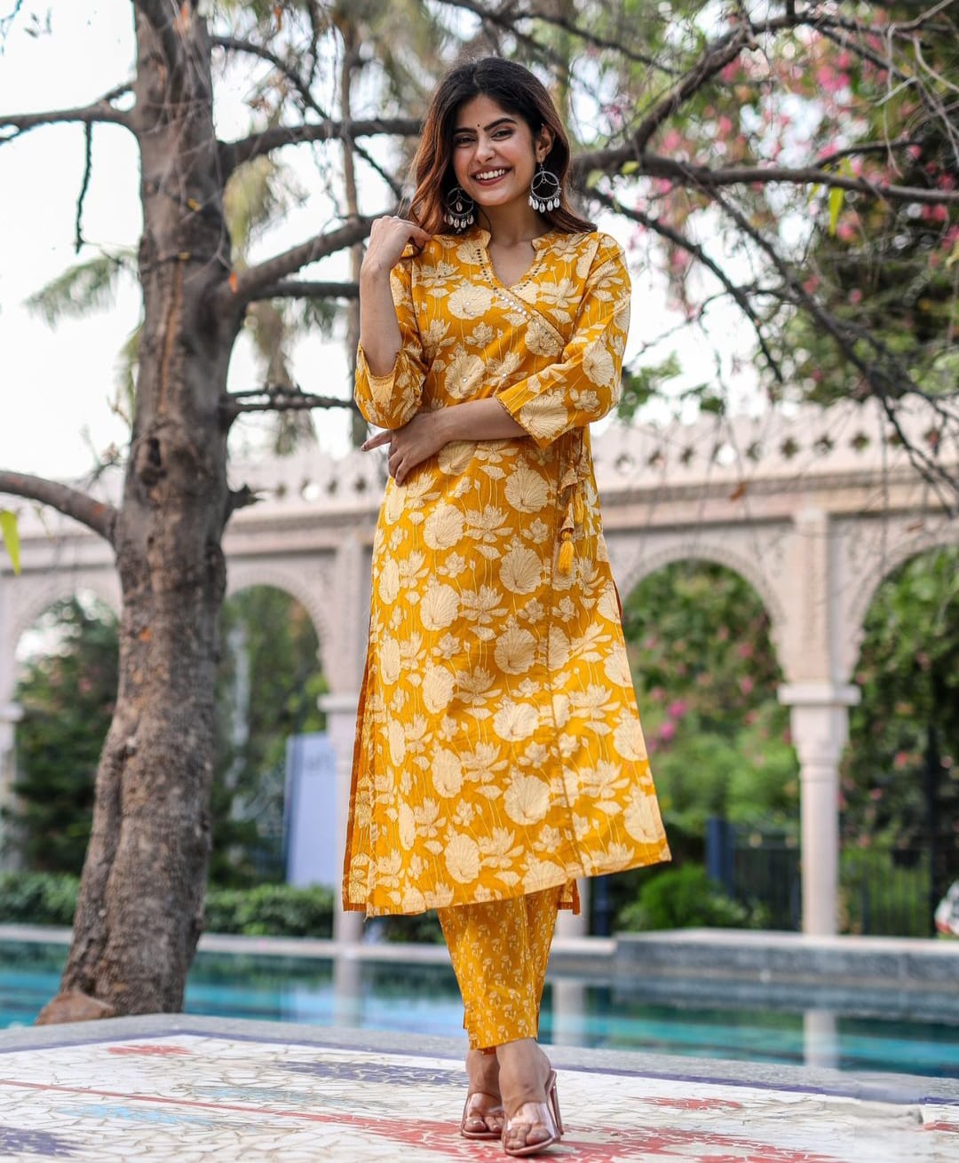 Trendy yellow Floral Angarakha Kurta and Pant Set.