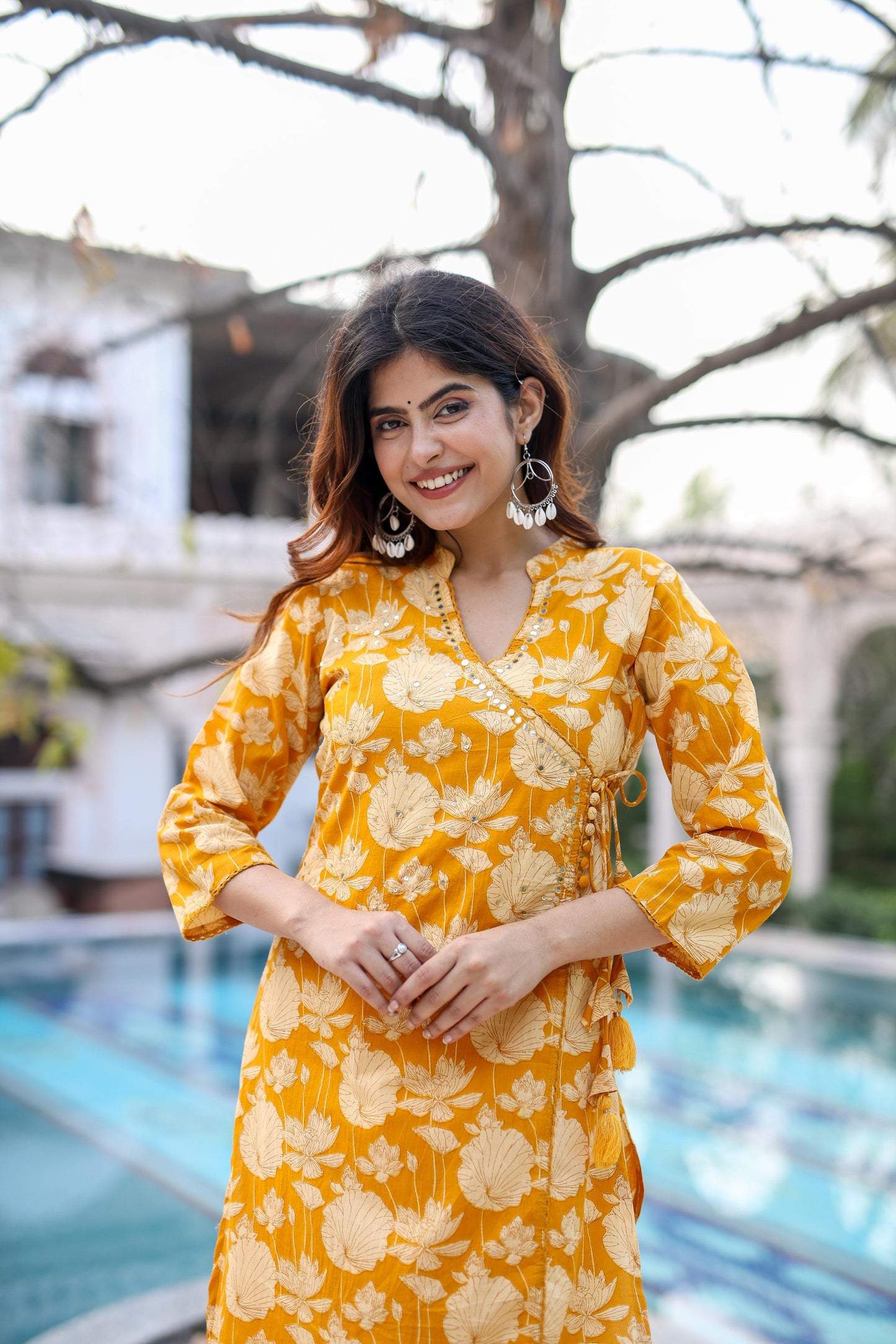 Trendy yellow Floral Angarakha Kurta and Pant Set.