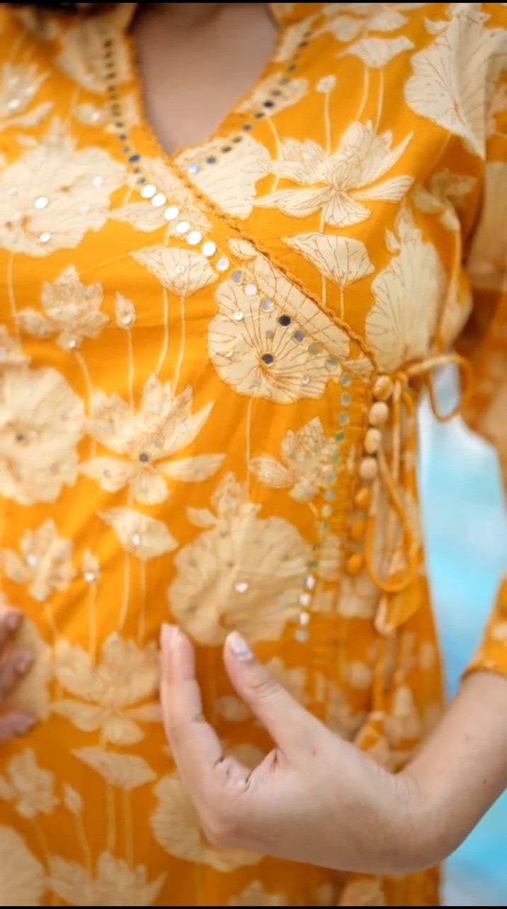 Trendy yellow Floral Angarakha Kurta and Pant Set.