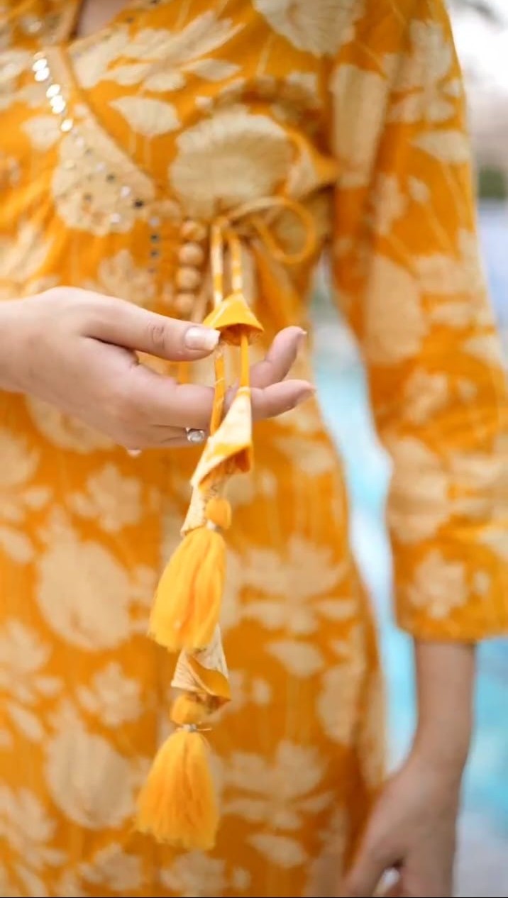 Trendy yellow Floral Angarakha Kurta and Pant Set.