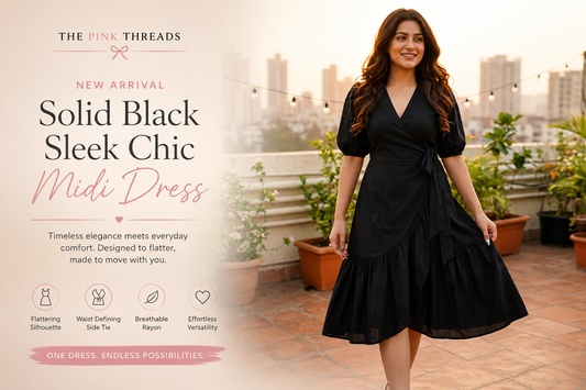 Introducing the Solid Black Sleek Chic Midi Dress: Effortless Elegance by The Pink Threads