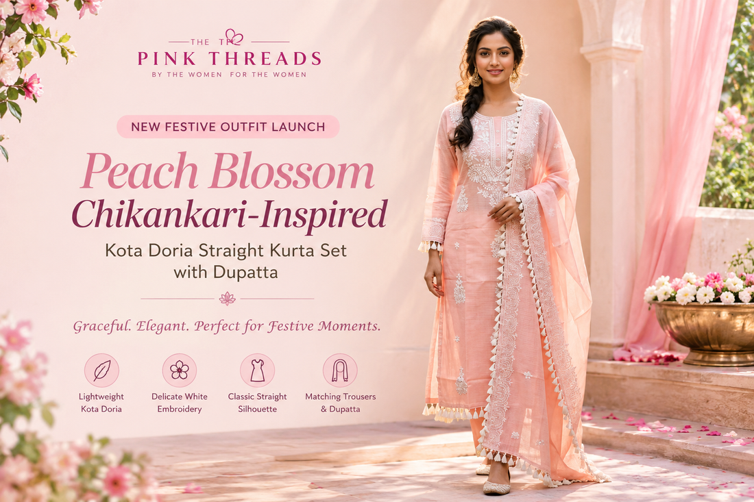 Peach Blossom Chikankari-Inspired Kota Doria Kurta Set: A New Festive Favourite for Women Who Love Effortless Elegance