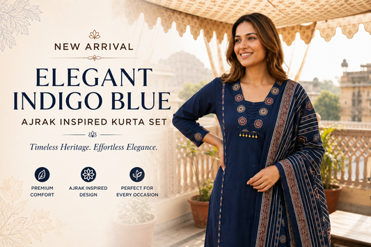 New Arrival: Elegant Indigo Blue Ajrak Inspired Kurta Set – A Timeless Blend of Heritage & Modern Style