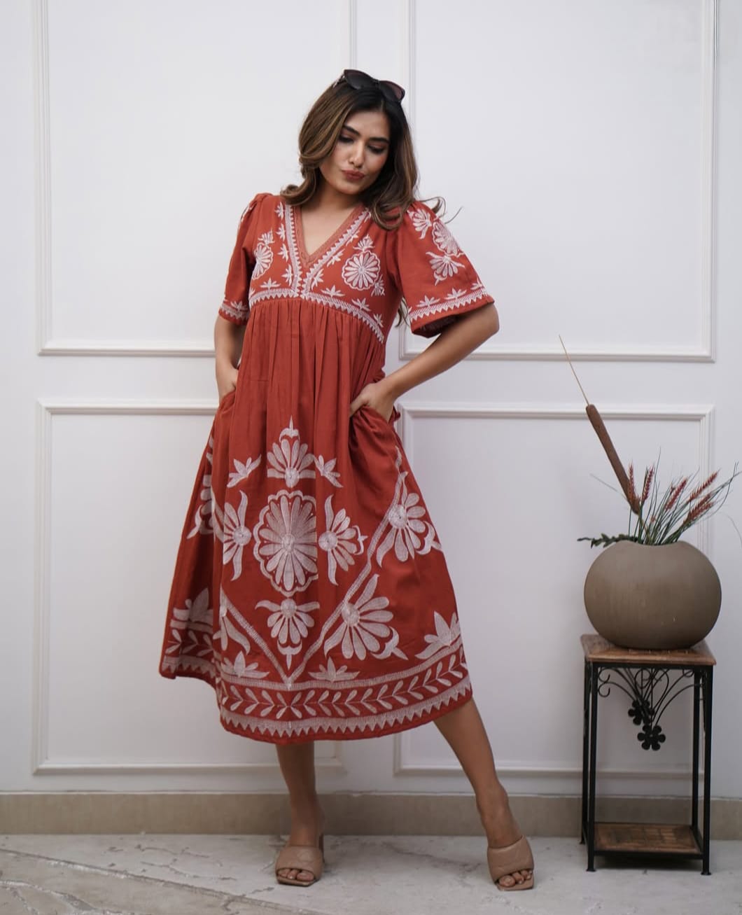 Beautiful Embroidered Cotton Midi Dress in Rust Colour
