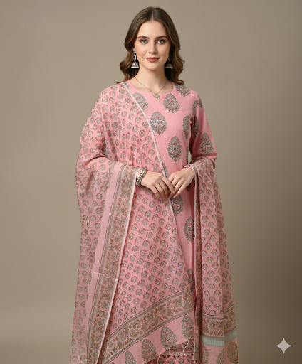 Elegant Pink Kota Doria Dupatta Set