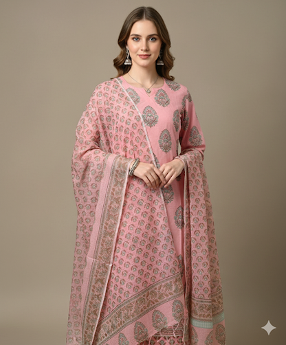 Elegant Pink Kota Doria Dupatta Set