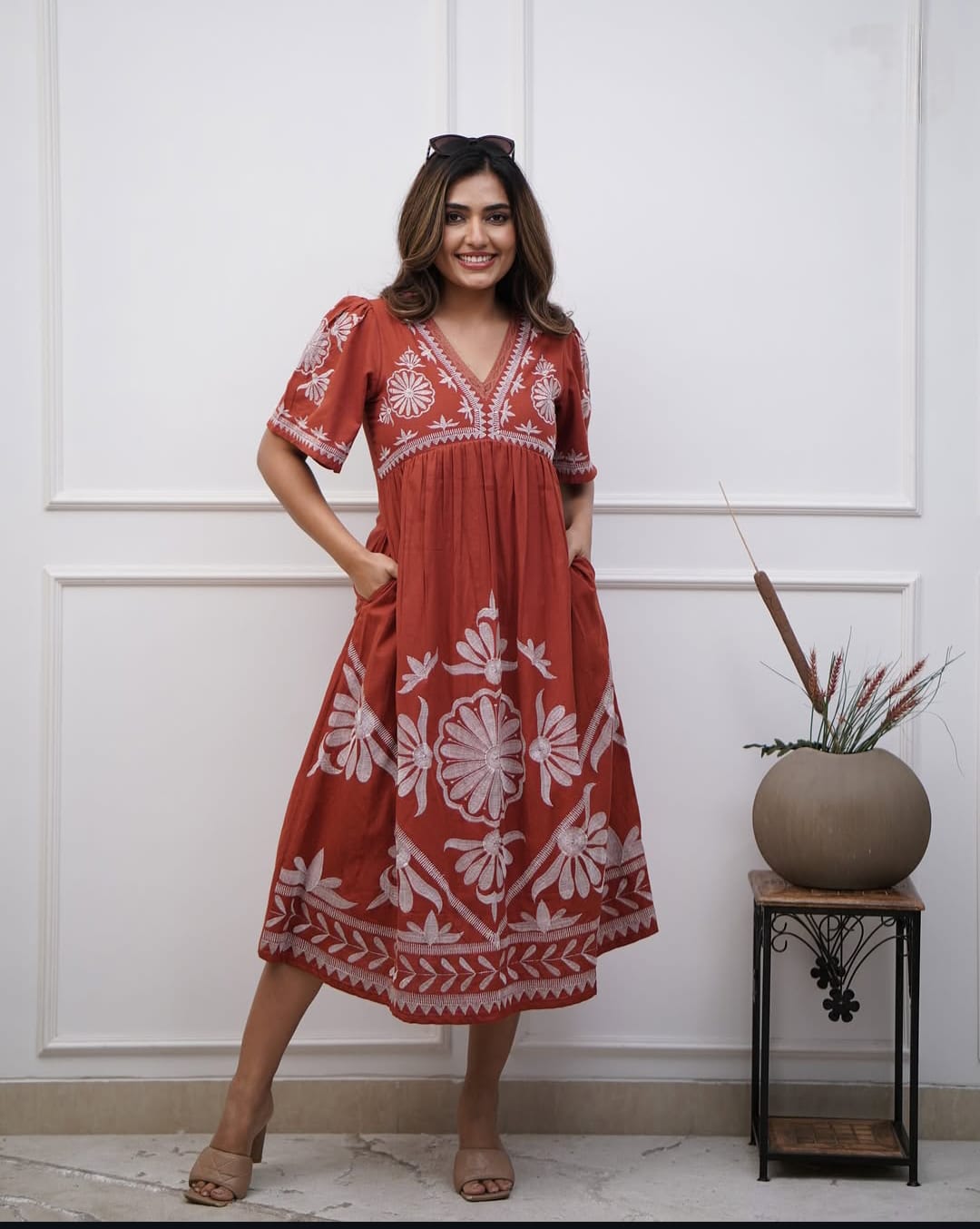 Beautiful Embroidered Cotton Midi Dress in Rust Colour