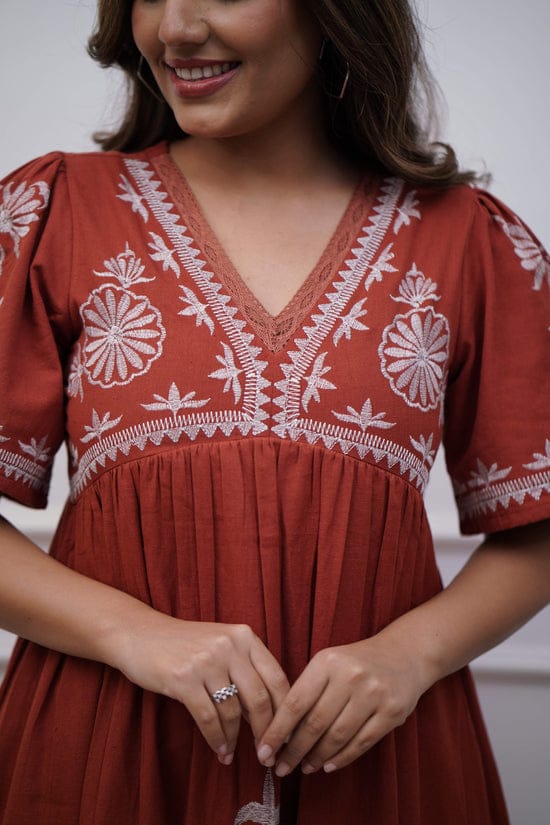 Beautiful Embroidered Cotton Midi Dress in Rust Colour